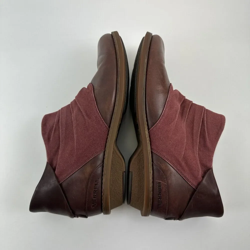 Merrell Adaline Bluff Bootie Maroon Leather Ruched Ankle Pull On Boot Womens 8.5